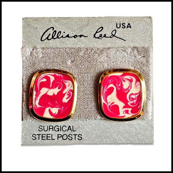 Vintage ALLISON REED Paint Pink White Swirl Rectangular PIERCED EARRINGS - Picture 1 of 11